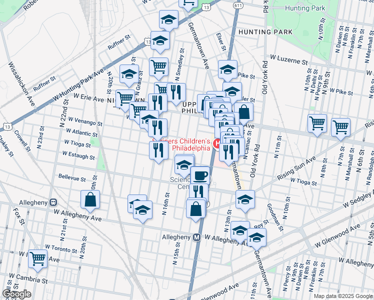 map of restaurants, bars, coffee shops, grocery stores, and more near 3521 North Sydenham Street in Philadelphia