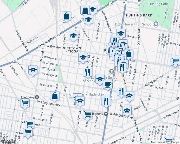 map of restaurants, bars, coffee shops, grocery stores, and more near 3518 North Smedley Street in Philadelphia