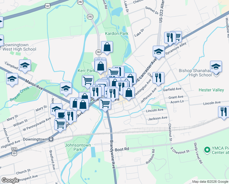 map of restaurants, bars, coffee shops, grocery stores, and more near 6 Wood Alley in Downingtown