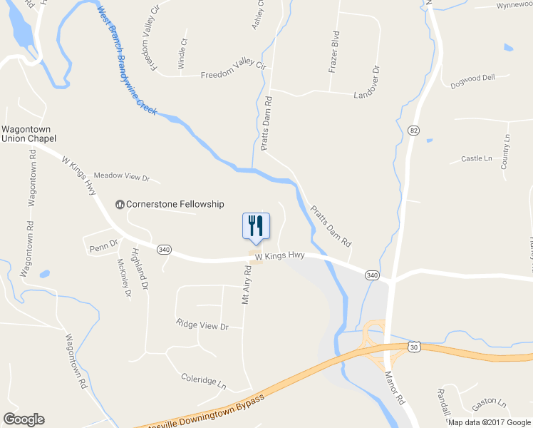 map of restaurants, bars, coffee shops, grocery stores, and more near 104 Evergreen Drive in Coatesville