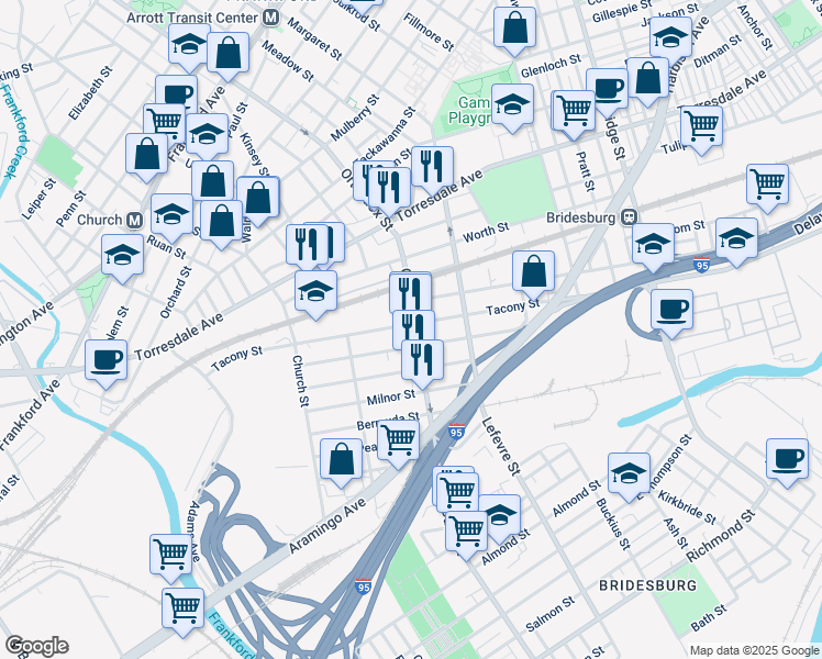 map of restaurants, bars, coffee shops, grocery stores, and more near 4581 Tacony Street in Philadelphia