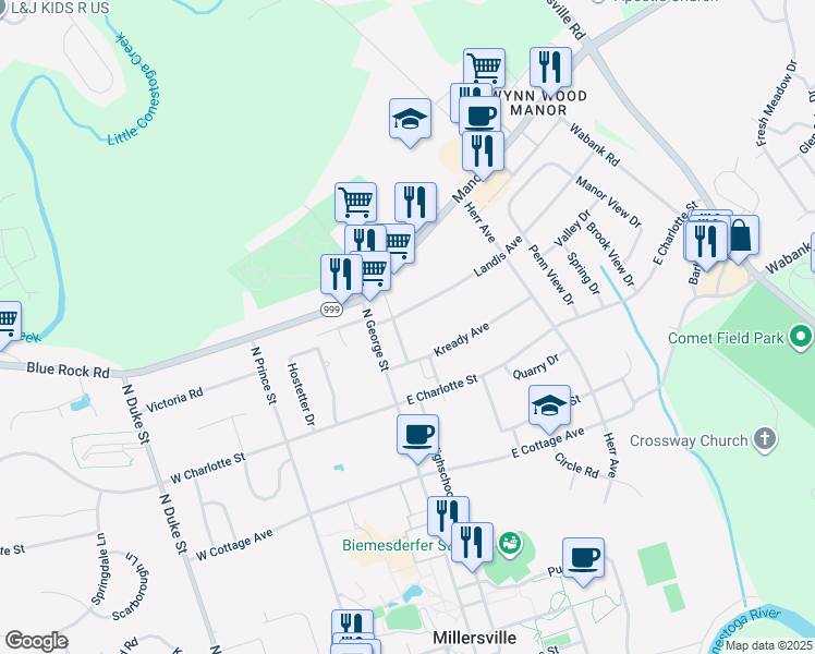 map of restaurants, bars, coffee shops, grocery stores, and more near 22 Landis Avenue in Millersville
