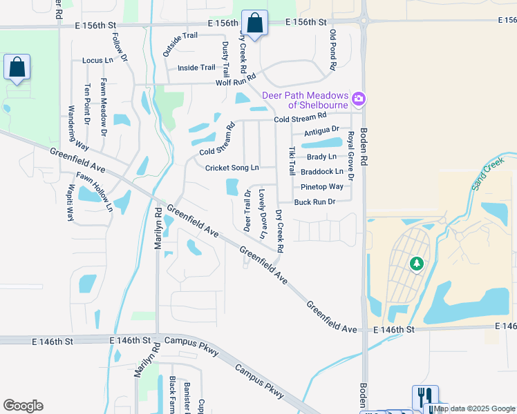 map of restaurants, bars, coffee shops, grocery stores, and more near 15003 Lovely Dove Lane in Noblesville