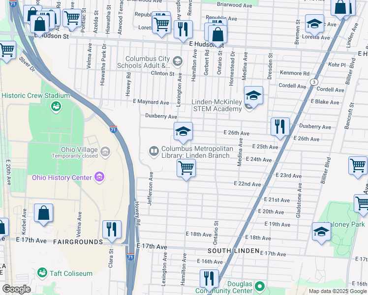 map of restaurants, bars, coffee shops, grocery stores, and more near 2047 Hamilton Avenue in Columbus