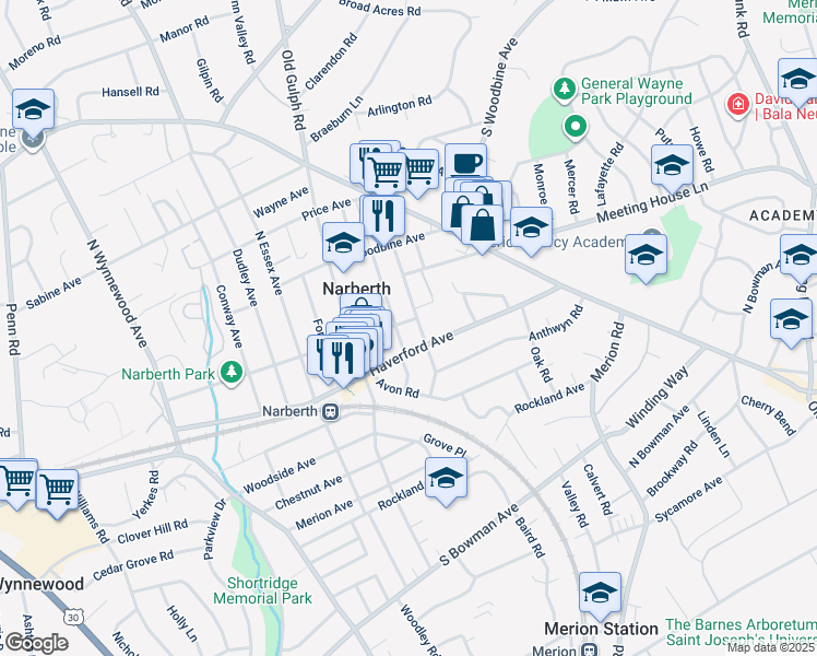 map of restaurants, bars, coffee shops, grocery stores, and more near 302 Windsor Avenue in Narberth