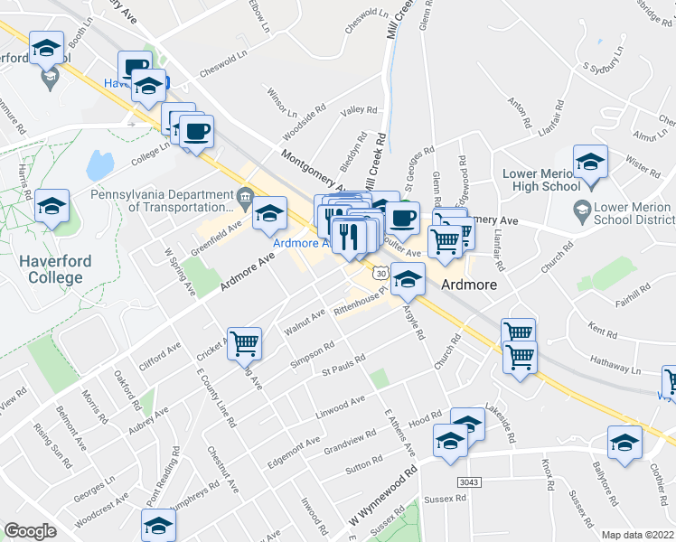 map of restaurants, bars, coffee shops, grocery stores, and more near 39 Cricket Avenue in Ardmore