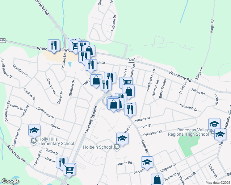 map of restaurants, bars, coffee shops, grocery stores, and more near 555 High Street in Mount Holly