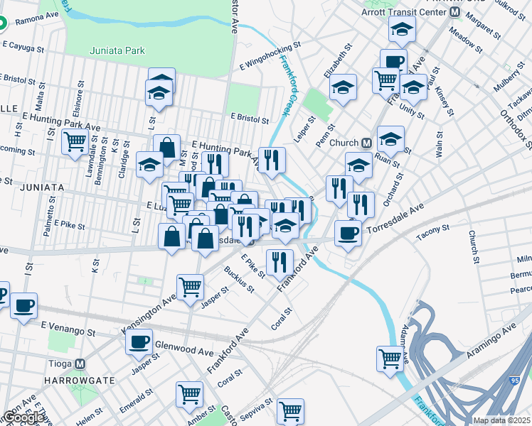 map of restaurants, bars, coffee shops, grocery stores, and more near 1641 Lewis Street in Philadelphia