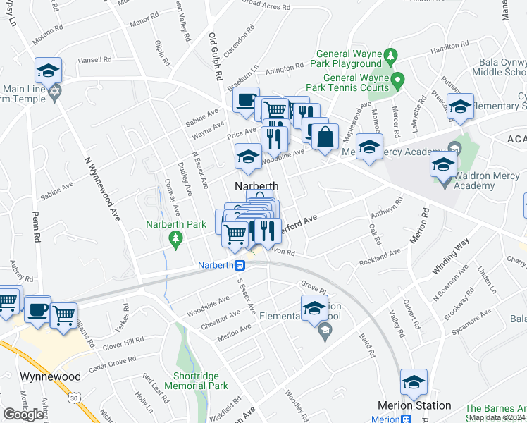 map of restaurants, bars, coffee shops, grocery stores, and more near 200 Grayling Avenue in Narberth