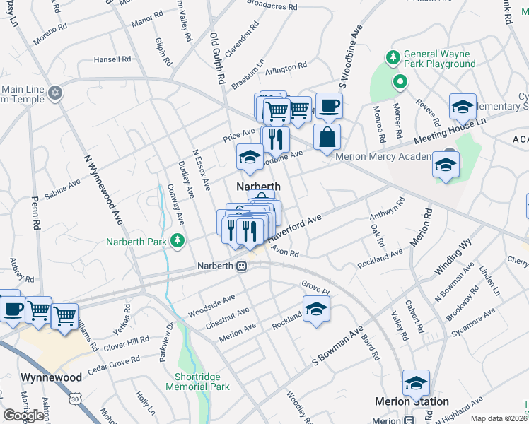 map of restaurants, bars, coffee shops, grocery stores, and more near 200 Grayling Avenue in Narberth