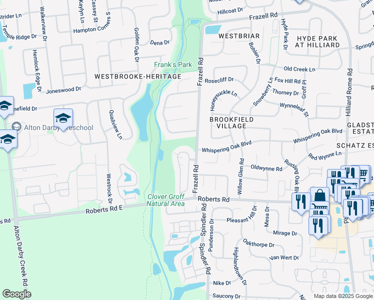 map of restaurants, bars, coffee shops, grocery stores, and more near 5915 Heritage Farms Drive in Hilliard