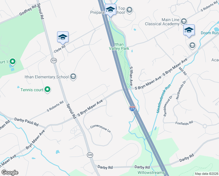 map of restaurants, bars, coffee shops, grocery stores, and more near 607 Heather Lane in Bryn Mawr