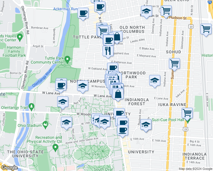 map of restaurants, bars, coffee shops, grocery stores, and more near 34 West Norwich Avenue in Columbus