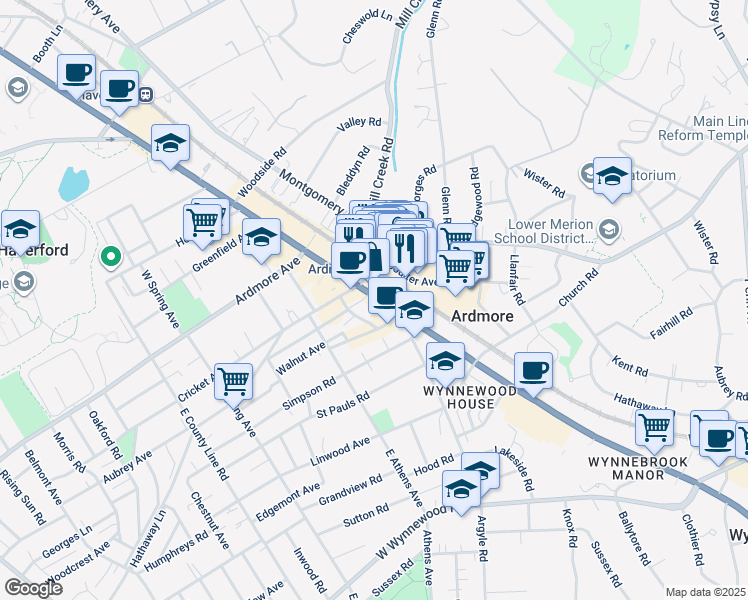 map of restaurants, bars, coffee shops, grocery stores, and more near 18 East Lancaster Avenue in Ardmore
