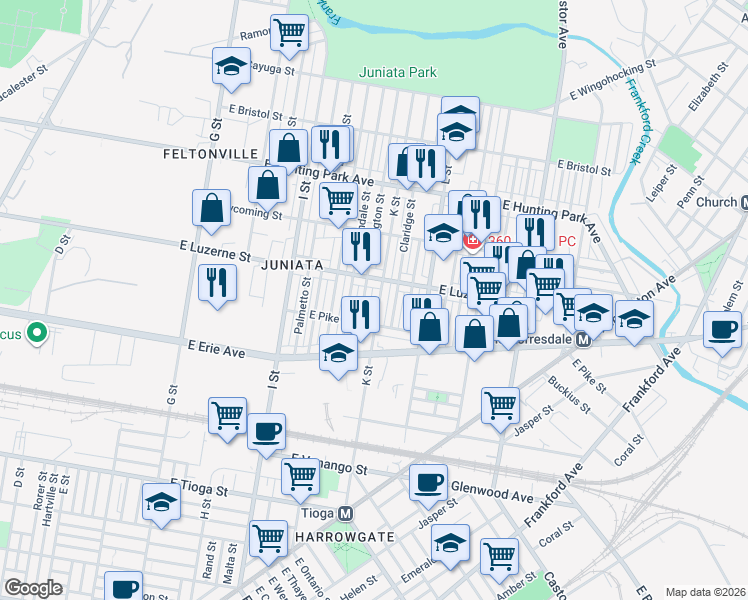 map of restaurants, bars, coffee shops, grocery stores, and more near 1140 East Luzerne Street in Philadelphia