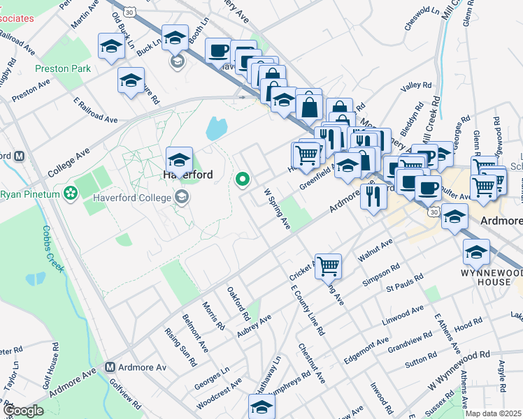 map of restaurants, bars, coffee shops, grocery stores, and more near 221 Cobblestone Drive in Ardmore