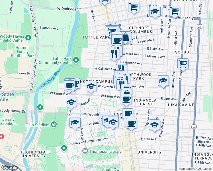 map of restaurants, bars, coffee shops, grocery stores, and more near 80 West Norwich Avenue in Columbus