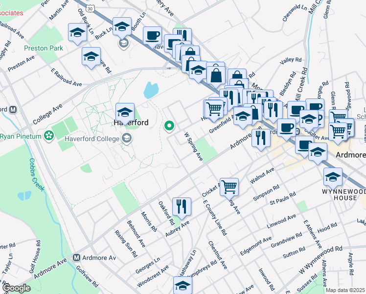 map of restaurants, bars, coffee shops, grocery stores, and more near 221 Cobblestone Drive in Ardmore