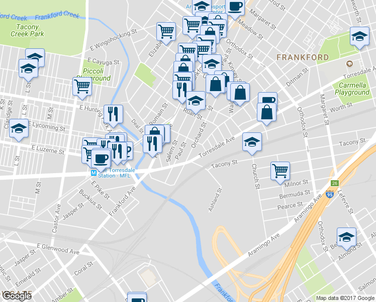 map of restaurants, bars, coffee shops, grocery stores, and more near 4171 Paul Street in Philadelphia