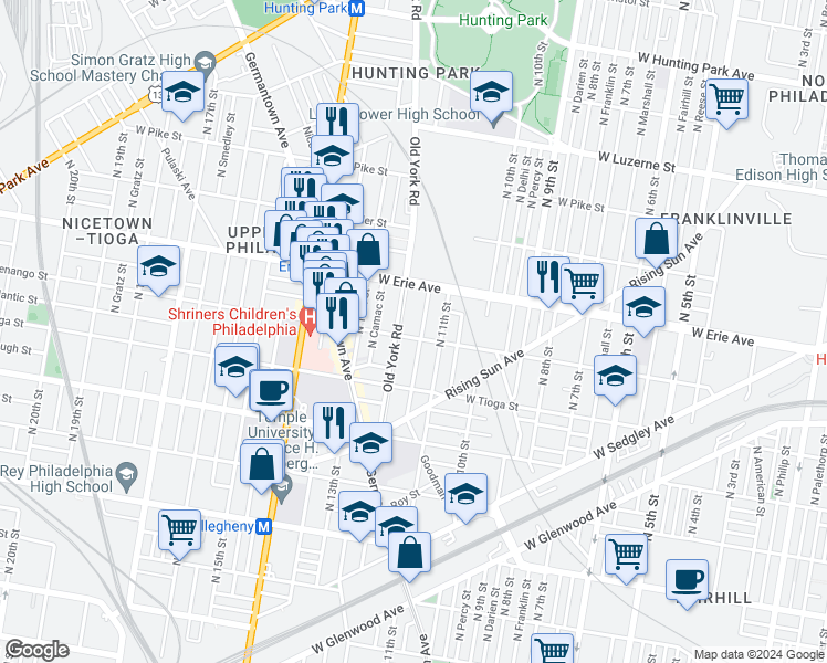 map of restaurants, bars, coffee shops, grocery stores, and more near 3638 North Marvine Street in Philadelphia