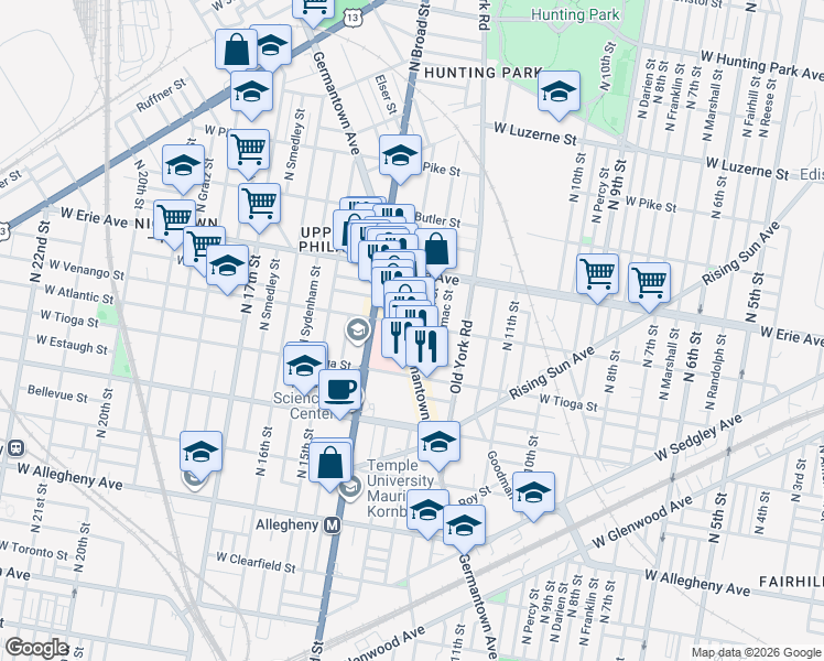 map of restaurants, bars, coffee shops, grocery stores, and more near 1328 West Victoria Street in Philadelphia