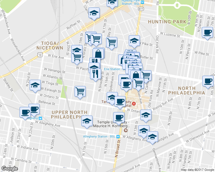 map of restaurants, bars, coffee shops, grocery stores, and more near 1520 West Venango Street in Philadelphia