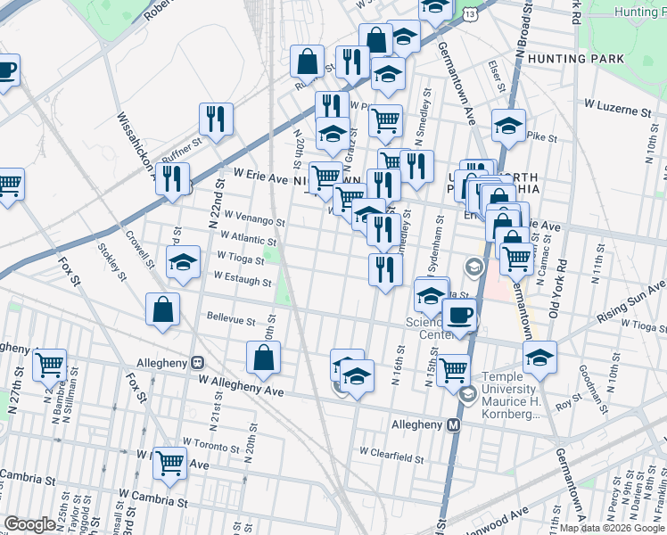 map of restaurants, bars, coffee shops, grocery stores, and more near 3532 North Gratz Street in Philadelphia