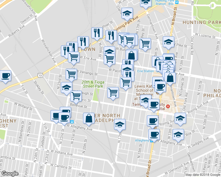 map of restaurants, bars, coffee shops, grocery stores, and more near 3532 North Gratz Street in Philadelphia