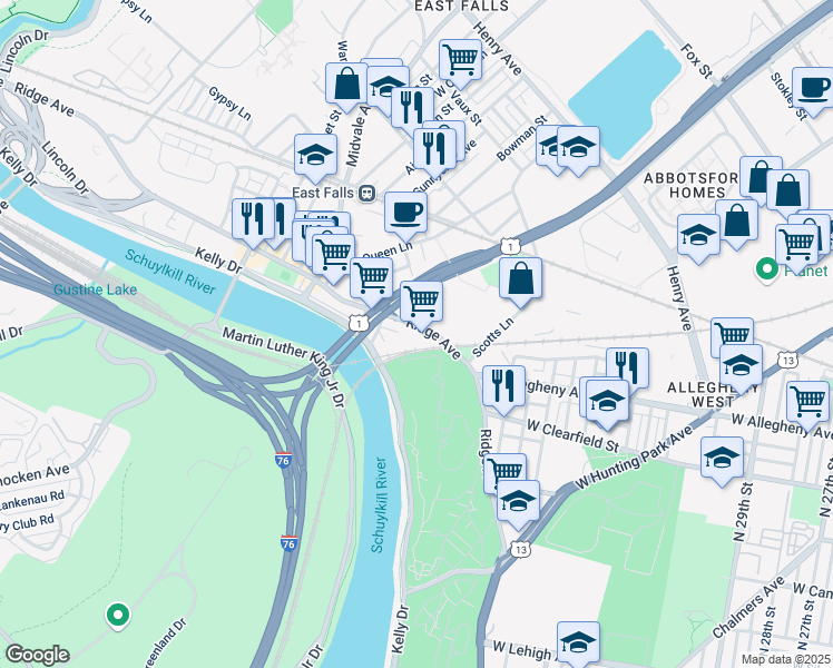 map of restaurants, bars, coffee shops, grocery stores, and more near 4041 Ridge Avenue in Philadelphia