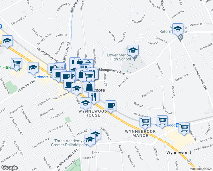 map of restaurants, bars, coffee shops, grocery stores, and more near 47 Llanfair Road in Ardmore