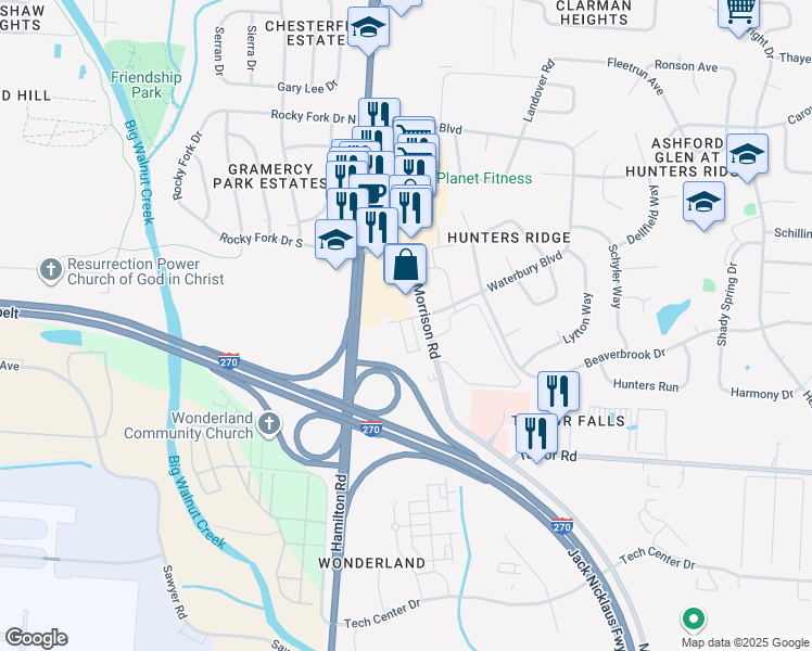 map of restaurants, bars, coffee shops, grocery stores, and more near 460 Waterbury Court in Gahanna