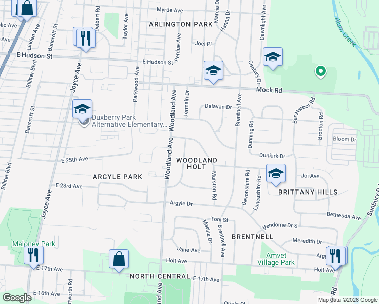 map of restaurants, bars, coffee shops, grocery stores, and more near 2156 Middlehurst Drive in Columbus