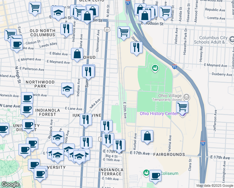 map of restaurants, bars, coffee shops, grocery stores, and more near 492 Alden Avenue in Columbus