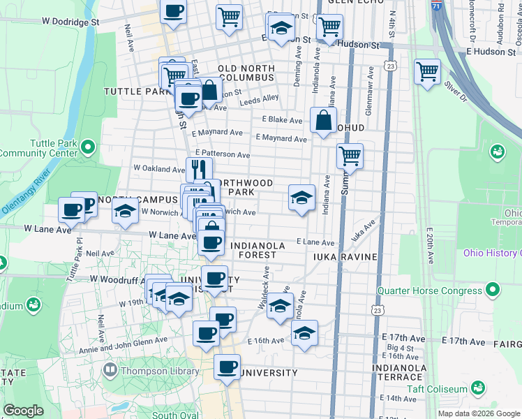 map of restaurants, bars, coffee shops, grocery stores, and more near 149 East Northwood Avenue in Columbus
