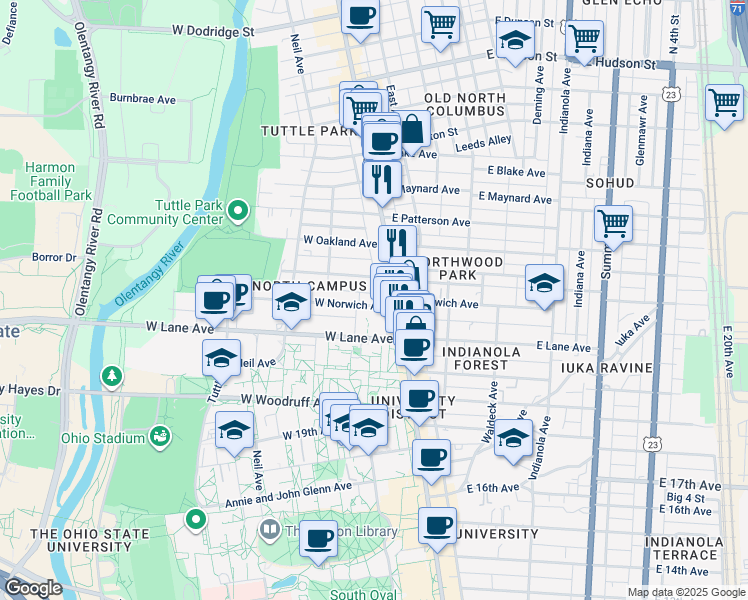 map of restaurants, bars, coffee shops, grocery stores, and more near 10 West Northwood Avenue in Columbus