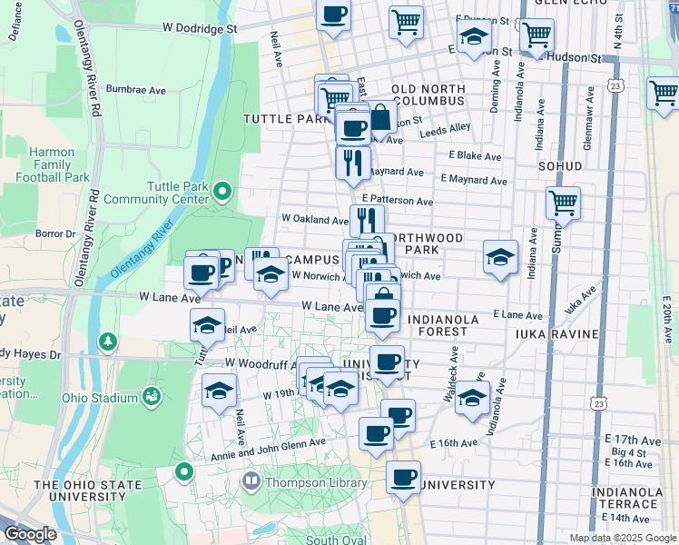 map of restaurants, bars, coffee shops, grocery stores, and more near 67 West Northwood Avenue in Columbus