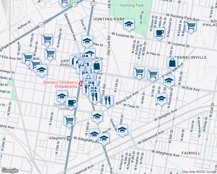 map of restaurants, bars, coffee shops, grocery stores, and more near 1135 West Venango Street in Philadelphia