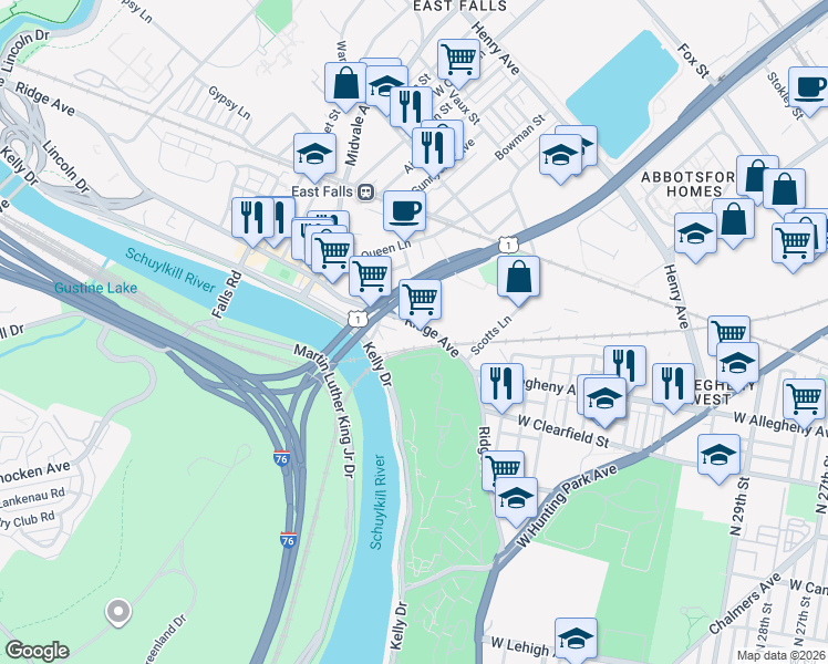 map of restaurants, bars, coffee shops, grocery stores, and more near 4041 Ridge Avenue in Philadelphia