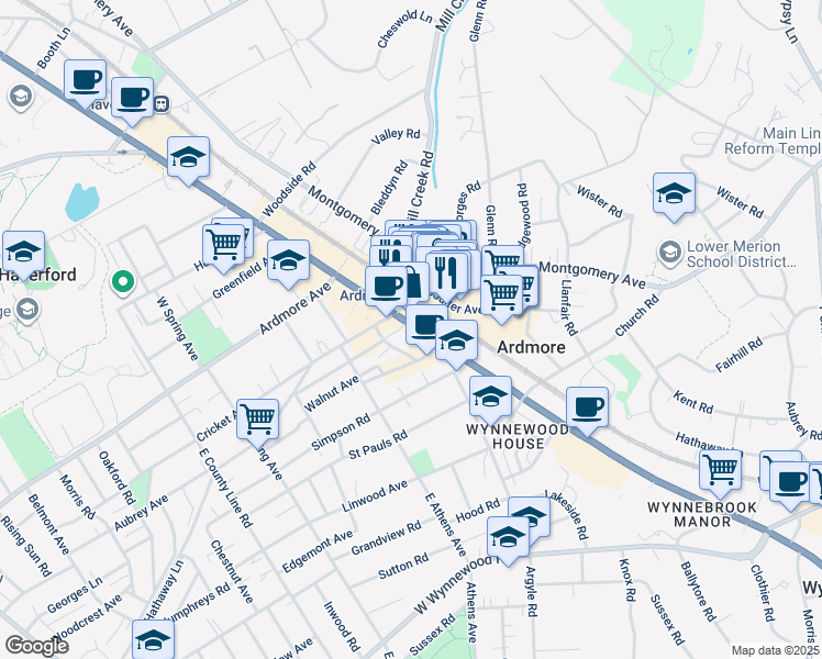 map of restaurants, bars, coffee shops, grocery stores, and more near 39 Station Road in Ardmore
