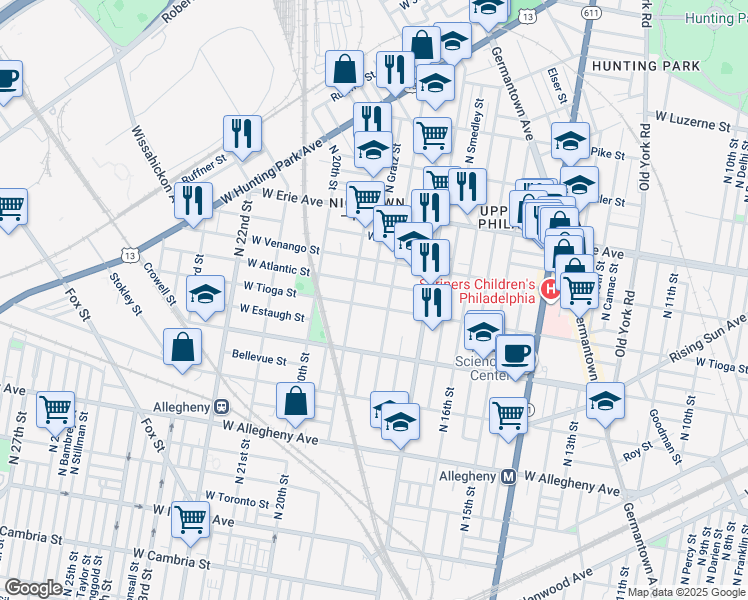 map of restaurants, bars, coffee shops, grocery stores, and more near 1821 West Tioga Street in Philadelphia