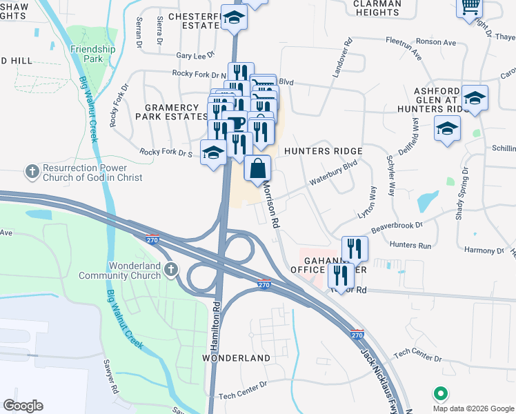 map of restaurants, bars, coffee shops, grocery stores, and more near 460 Waterbury Court in Gahanna