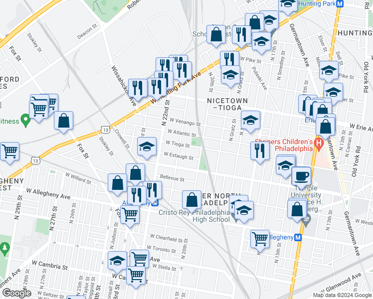 map of restaurants, bars, coffee shops, grocery stores, and more near 2028 West Tioga Street in Philadelphia