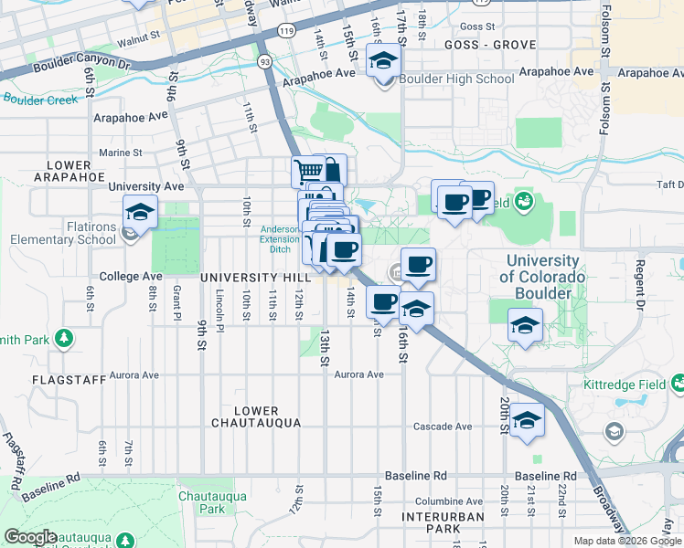 map of restaurants, bars, coffee shops, grocery stores, and more near 1130 13th Street in Boulder
