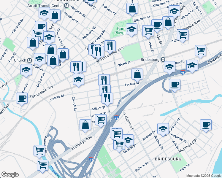 map of restaurants, bars, coffee shops, grocery stores, and more near 4625 Tacony Street in Philadelphia