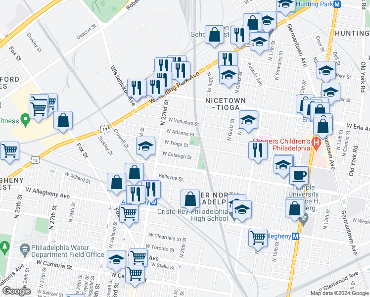 map of restaurants, bars, coffee shops, grocery stores, and more near 2028 West Tioga Street in Philadelphia
