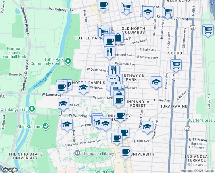 map of restaurants, bars, coffee shops, grocery stores, and more near 32 West Norwich Avenue in Columbus