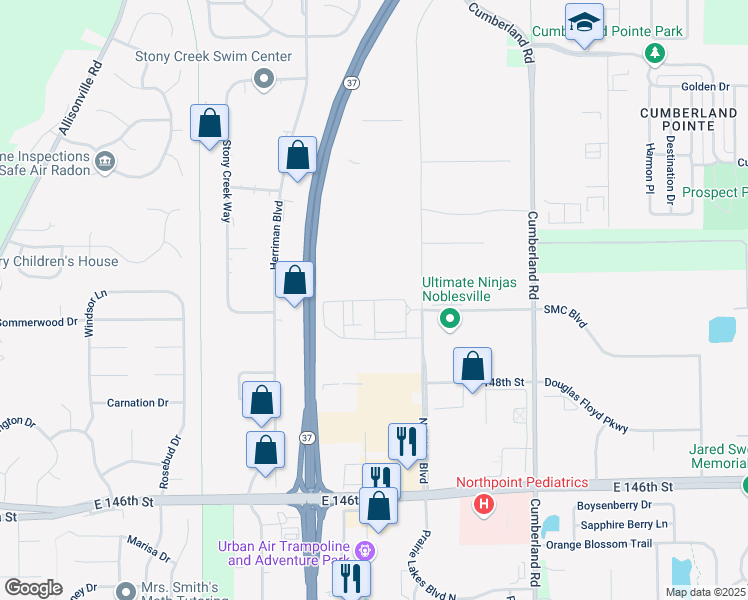 map of restaurants, bars, coffee shops, grocery stores, and more near Edgestone Drive in Noblesville