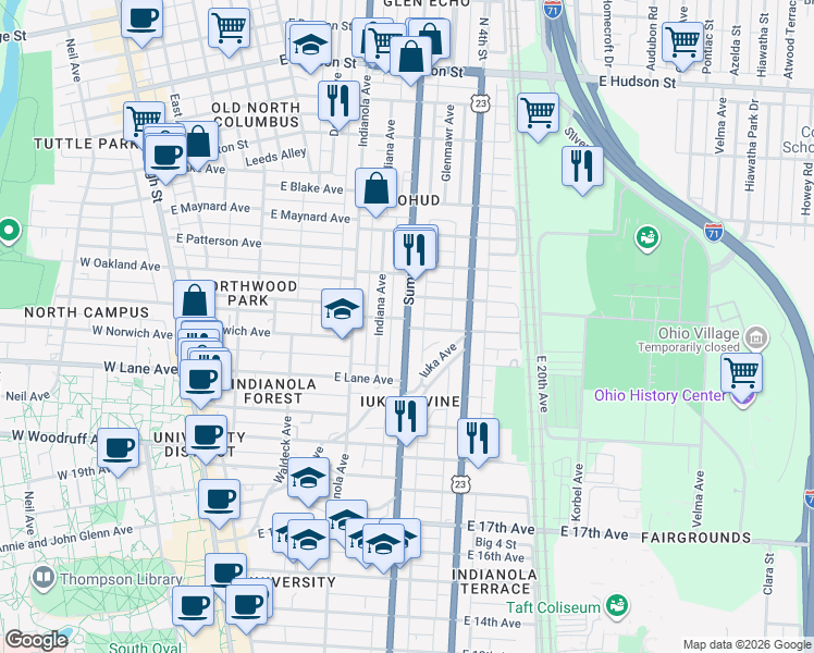 map of restaurants, bars, coffee shops, grocery stores, and more near Summit Street & East Northwood Avenue in Columbus