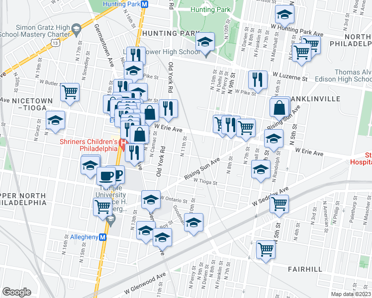 map of restaurants, bars, coffee shops, grocery stores, and more near 3617 North 11th Street in Philadelphia