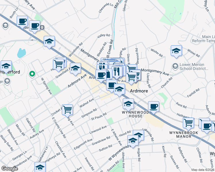 map of restaurants, bars, coffee shops, grocery stores, and more near 39 Station Road in Ardmore